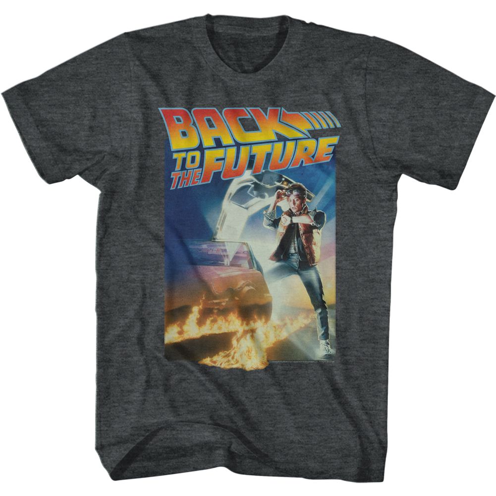 Officially licensed Back to the Future classic movie poster t-shirt with Marty and the DeLorean