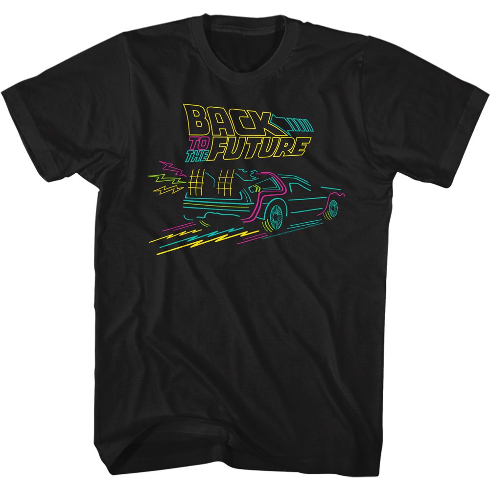 Officially licensed Back to the Future neon DeLorean outline t-shirt with retro lightning design