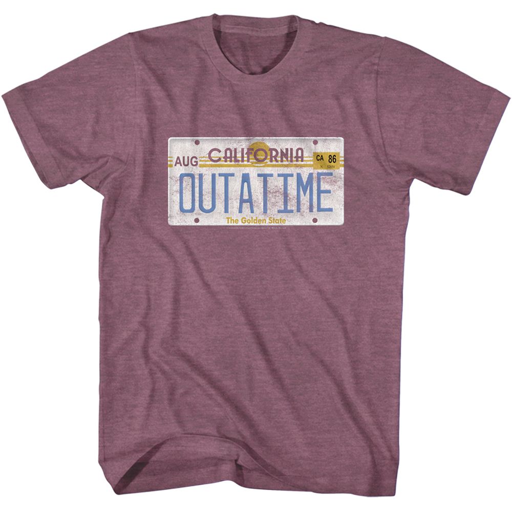 Heather burgundy Back to the Future T-shirt featuring the iconic California OUTATIME license plate from the DeLorean time machine.