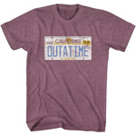 Heather burgundy Back to the Future T-shirt featuring the iconic California OUTATIME license plate from the DeLorean time machine.