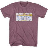 Heather burgundy Back to the Future T-shirt featuring the iconic California OUTATIME license plate from the DeLorean time machine.