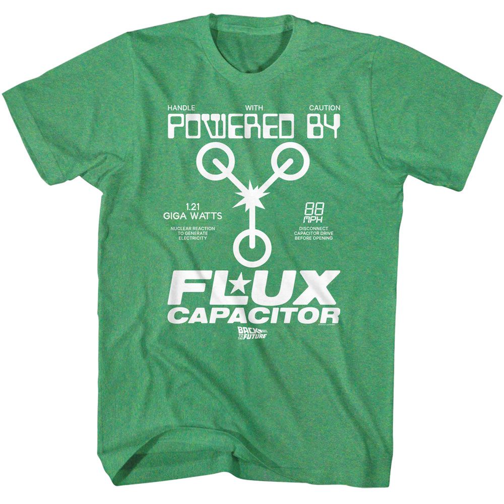 Green Back to the Future T-shirt featuring Powered by Flux Capacitor graphic with 1.21 gigawatts reference