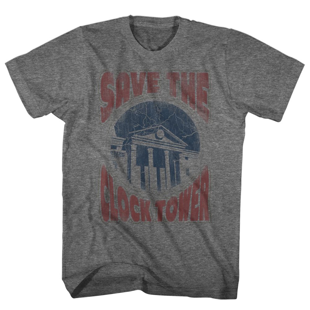 Gray Back to the Future T-shirt featuring a distressed “Save the Clock Tower” design with lightning striking the Hill Valley courthouse clock.