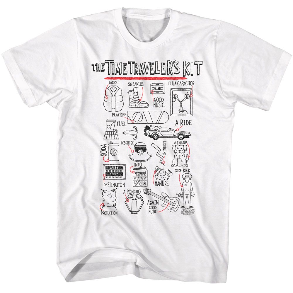 Officially licensed Back to the Future Time Traveler’s Kit graphic diagram t-shirt