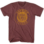 Maroon T-shirt featuring a retro gold “Bayside Tigers” logo with tiger head graphic in the center.