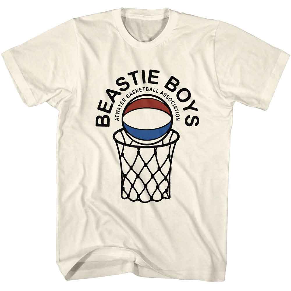 White T-shirt featuring a red, white, and blue basketball dropping into a net with arched “Beastie Boys Atwater Basketball Association” text.