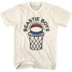 White T-shirt featuring a red, white, and blue basketball dropping into a net with arched “Beastie Boys Atwater Basketball Association” text.