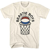 White T-shirt featuring a red, white, and blue basketball dropping into a net with arched “Beastie Boys Atwater Basketball Association” text.