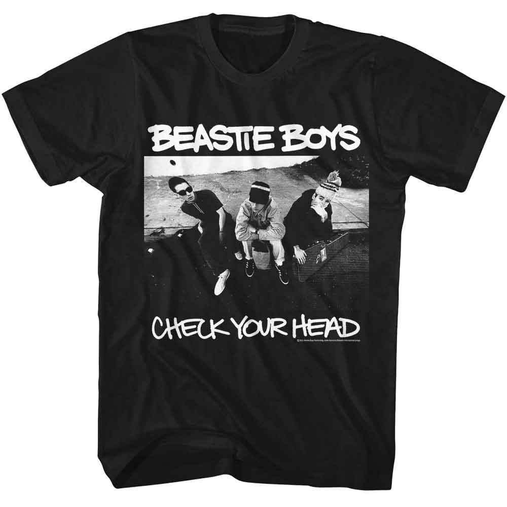 Black T-shirt featuring a black-and-white photo of the Beastie Boys sitting together with bold “Beastie Boys” and “Check Your Head” text.
