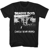Black T-shirt featuring a black-and-white photo of the Beastie Boys sitting together with bold “Beastie Boys” and “Check Your Head” text.