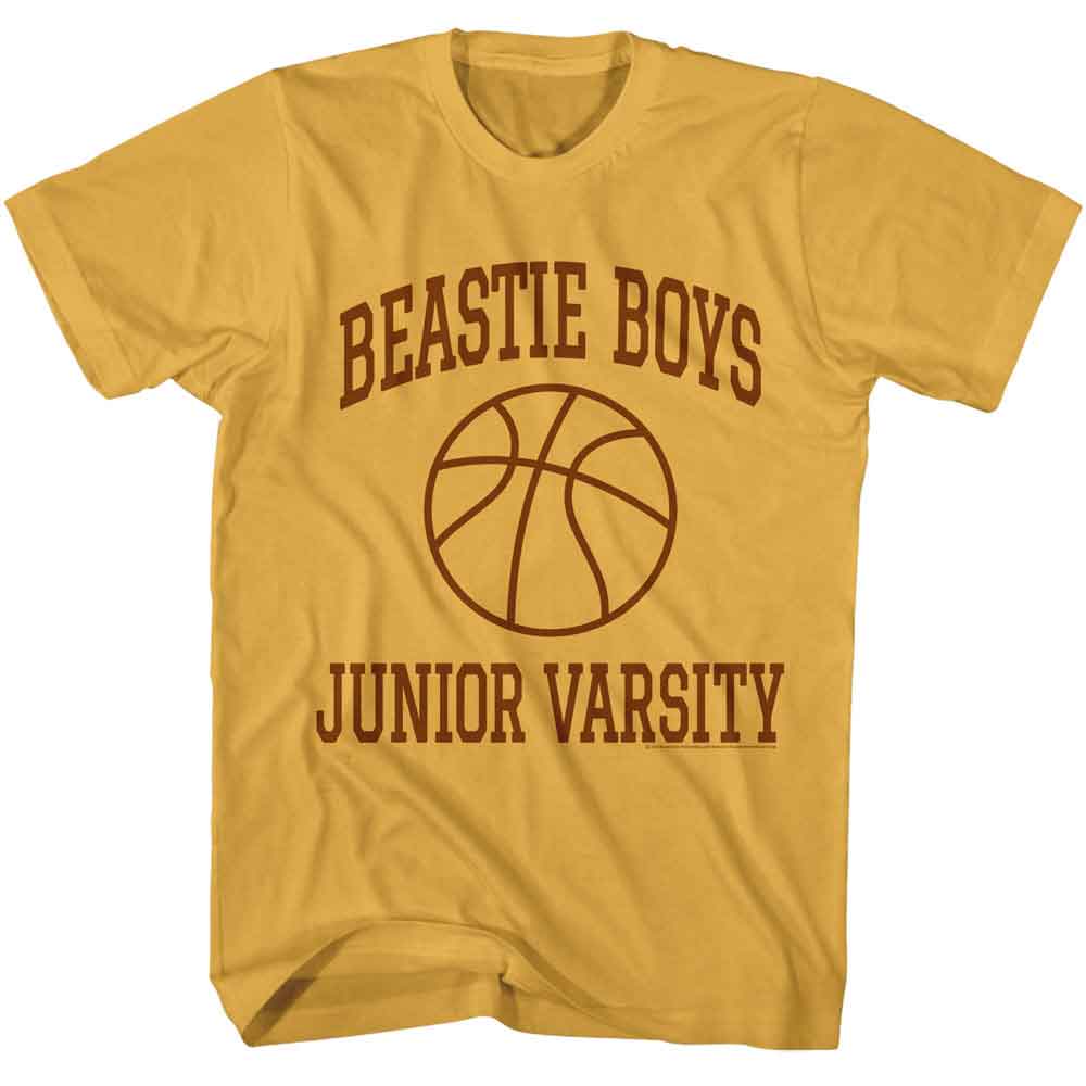 Mustard yellow T-shirt with “Beastie Boys Junior Varsity” text and a simple basketball graphic.