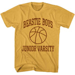 Mustard yellow T-shirt with “Beastie Boys Junior Varsity” text and a simple basketball graphic.