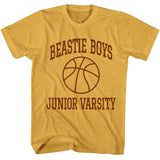Mustard yellow T-shirt with “Beastie Boys Junior Varsity” text and a simple basketball graphic.