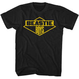 Black T-shirt with a yellow Beastie Boys diamond logo across the chest.