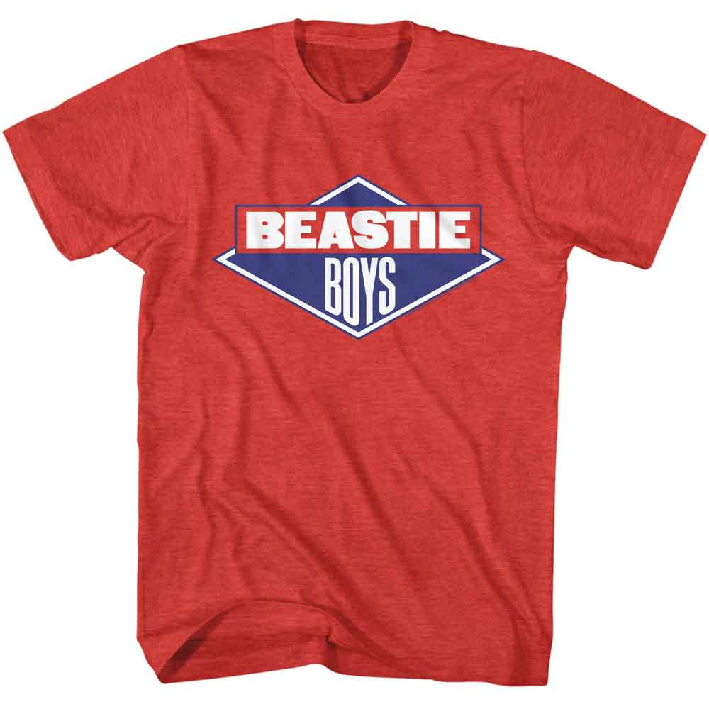 Red T-shirt with a vintage-style Beastie Boys logo in a blue and white diamond design.