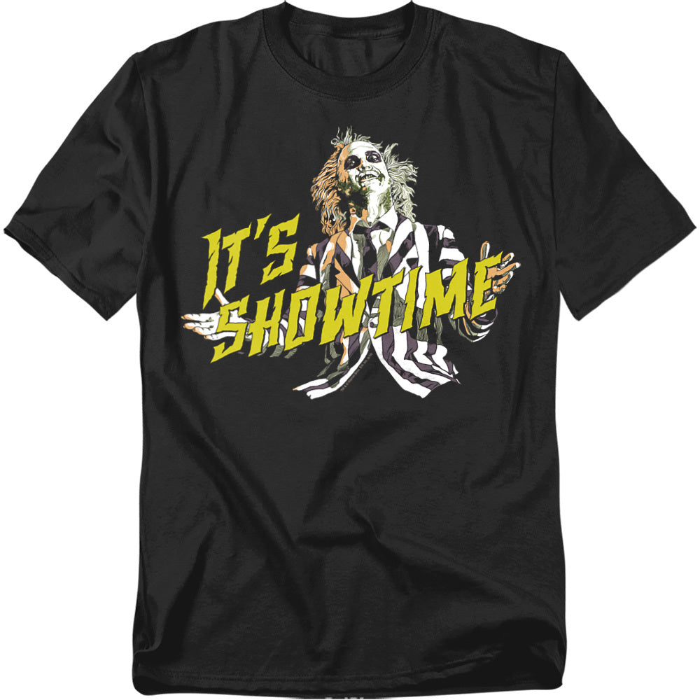 Beetlejuice It’s Showtime T-shirt with classic character graphic and bold yellow text