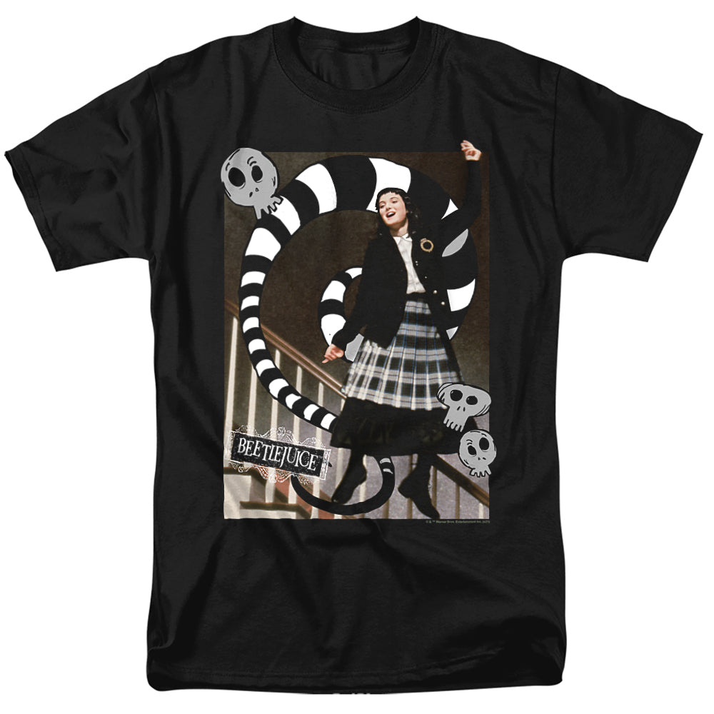 Beetlejuice Lydia staircase scene T-shirt with black and white striped snake and skulls