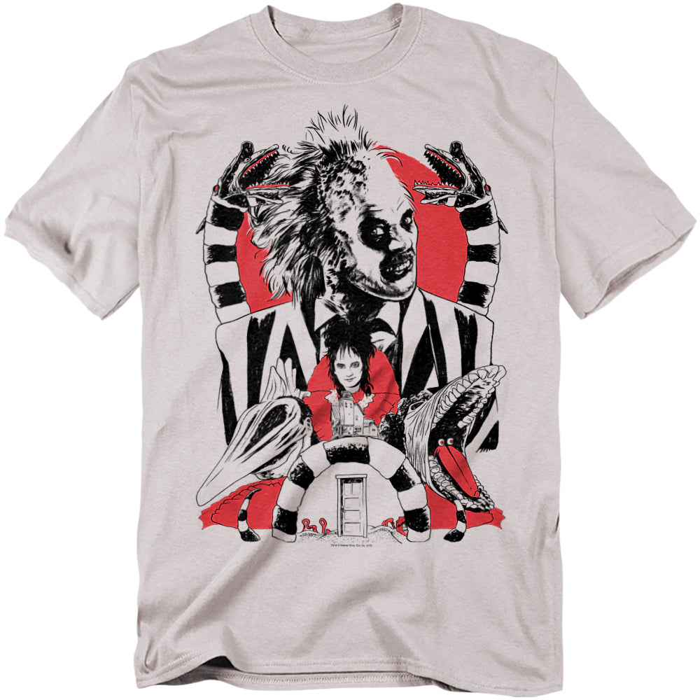 Beetlejuice collage T-shirt with sandworms, character portrait, and red background