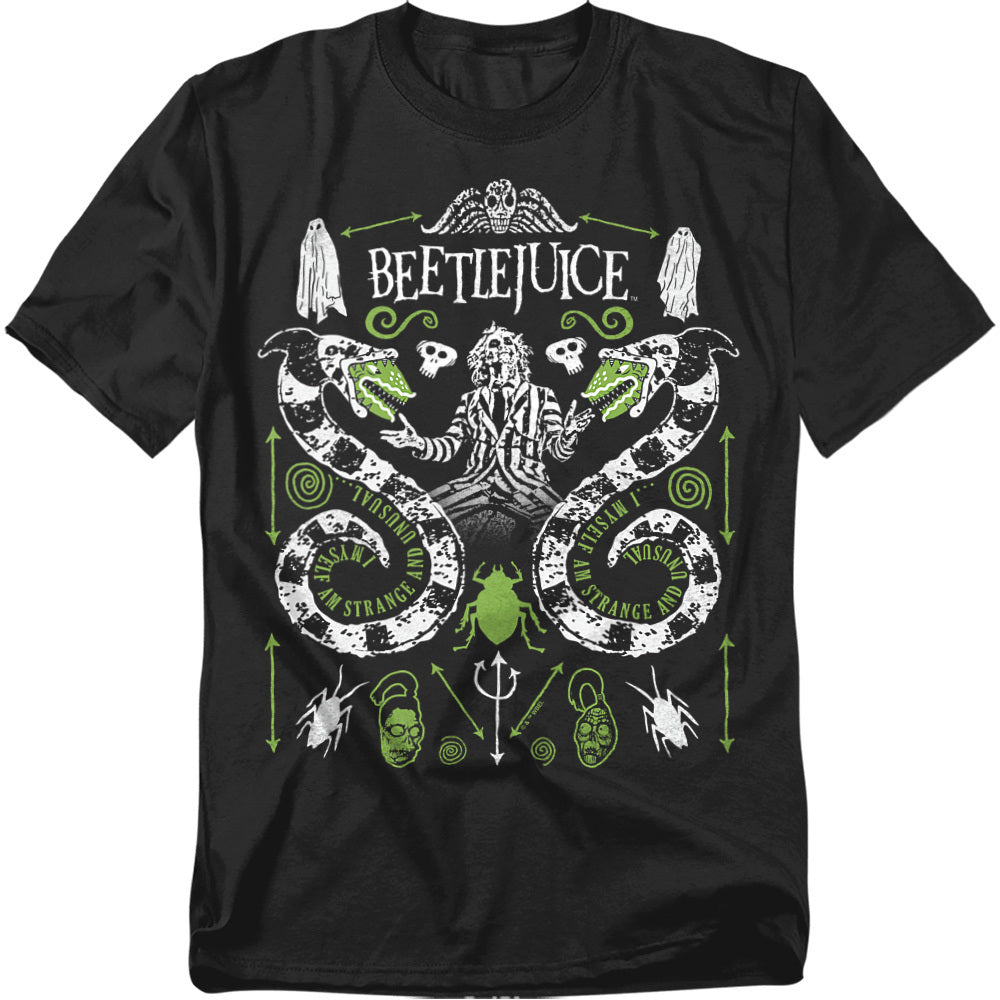 Beetlejuice strange and unusual T-shirt with sandworms, skulls, and gothic symbols