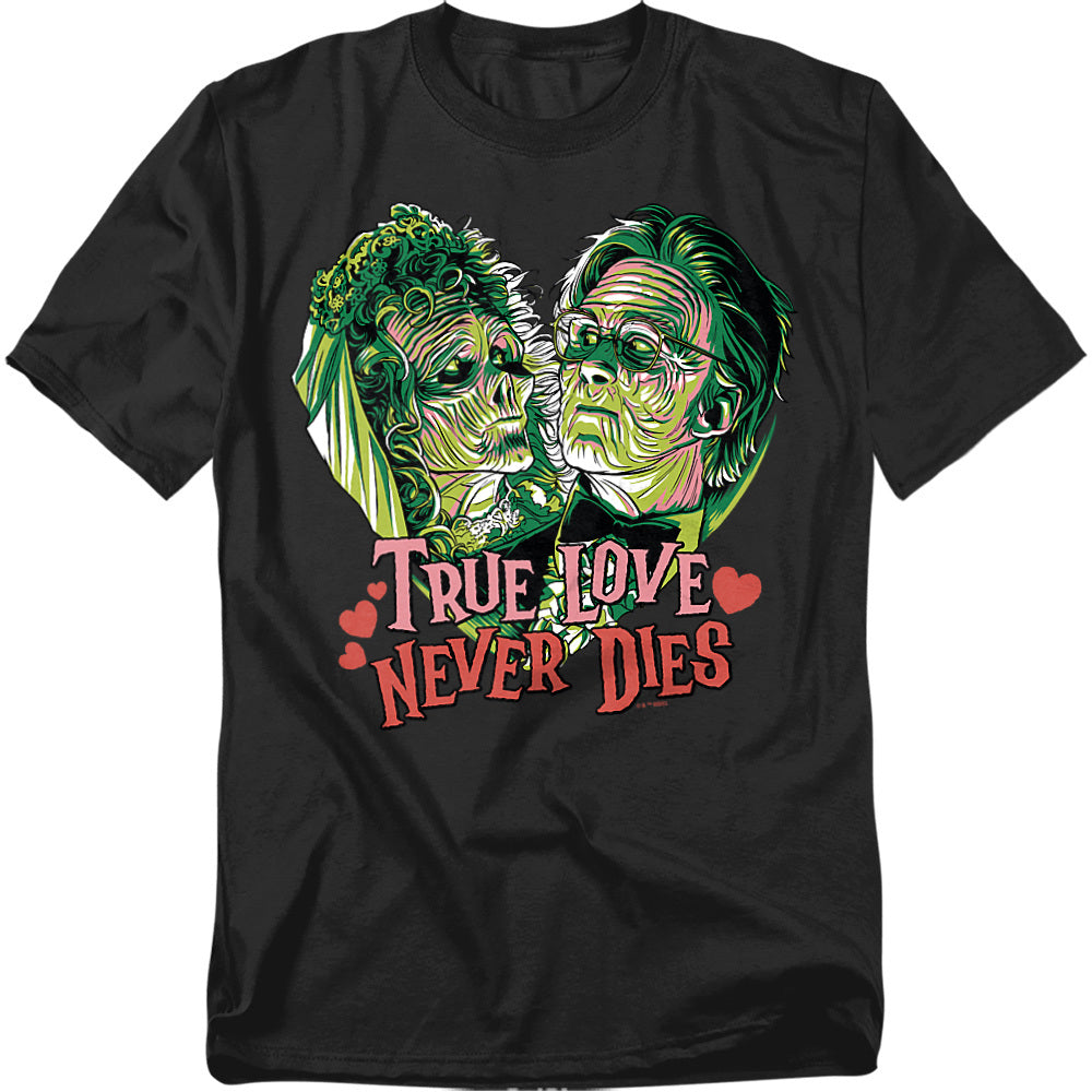 Black Beetlejuice Valentine t-shirt featuring an undead couple inside a heart with the phrase “True Love Never Dies” and small red hearts.