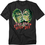 Black Beetlejuice Valentine t-shirt featuring an undead couple inside a heart with the phrase “True Love Never Dies” and small red hearts.