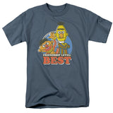 Bert and Ernie from Sesame Street smiling together with the phrase Friendship Level Best on a blue-gray T-shirt