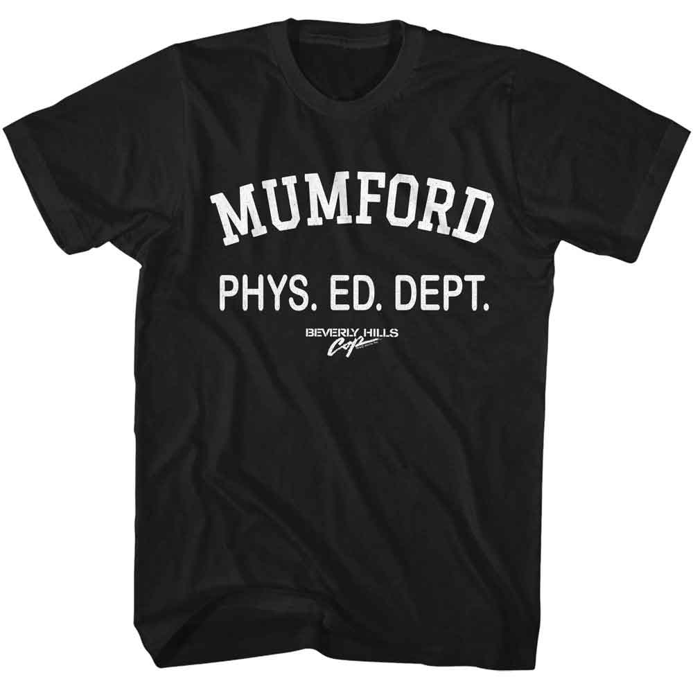 Black t-shirt with 'Mumford Phys. Ed. Dept.' text on a white background from the 1980s movie Beverly Hills Cop