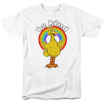 White Big Bird Be Kind graphic t-shirt featuring rainbow artwork and retro Sesame Street style design