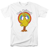 White Big Bird Be Kind graphic t-shirt featuring rainbow artwork and retro Sesame Street style design