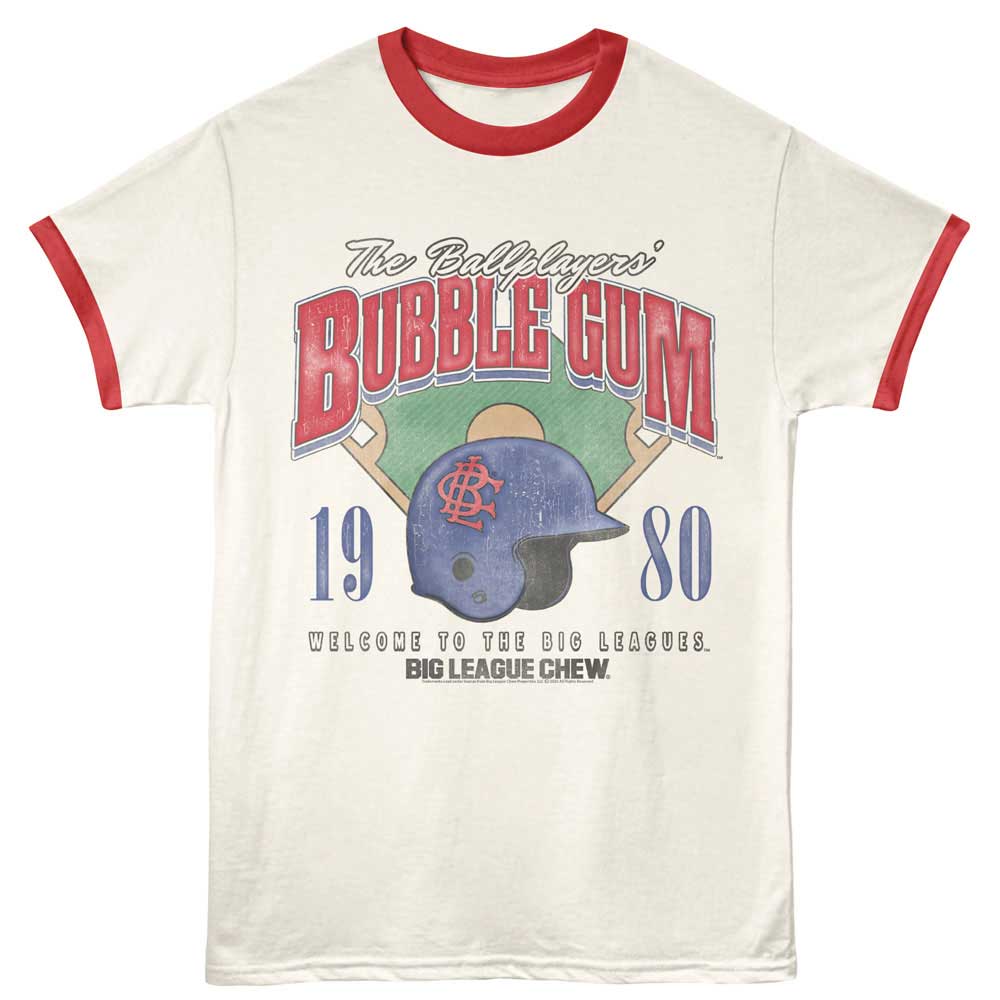 Officially licensed Big League Chew Ballplayers Bubble Gum 1980 ringer t-shirt with vintage baseball helmet graphic