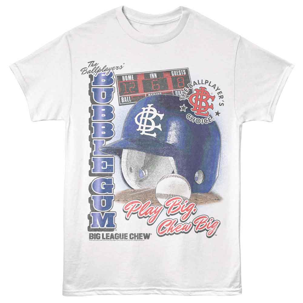 Big League Chew T-shirt with baseball helmet scoreboard and Play Big Chew Big slogan