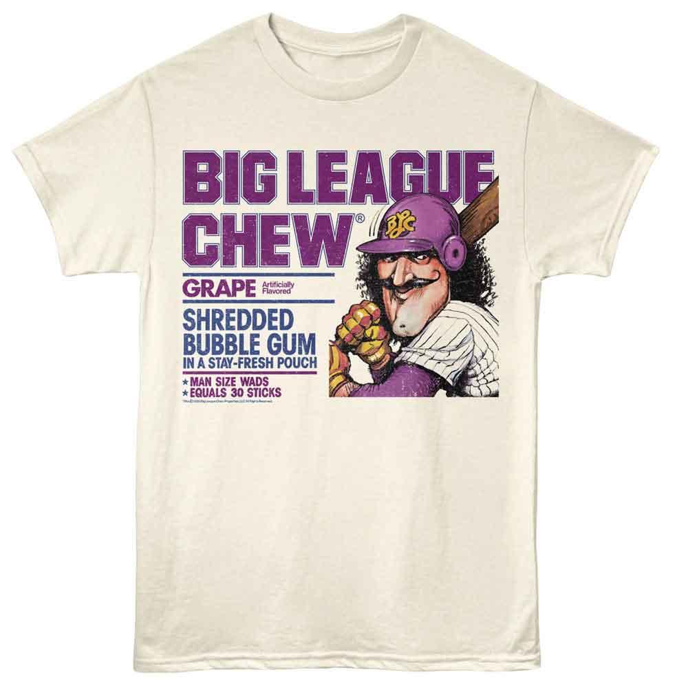 Big League Chew T-shirt featuring grape flavor packaging design and cartoon baseball player