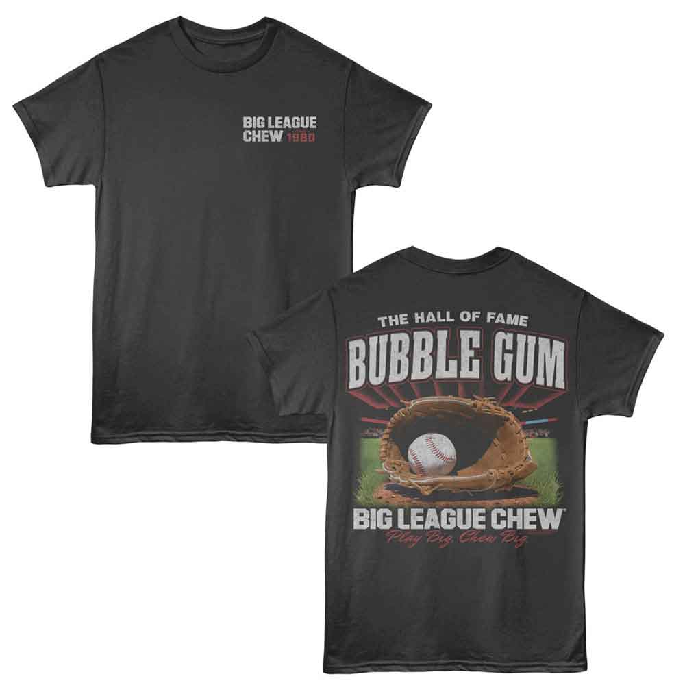 Big League Chew T-shirt featuring front logo and back baseball glove Hall of Fame design