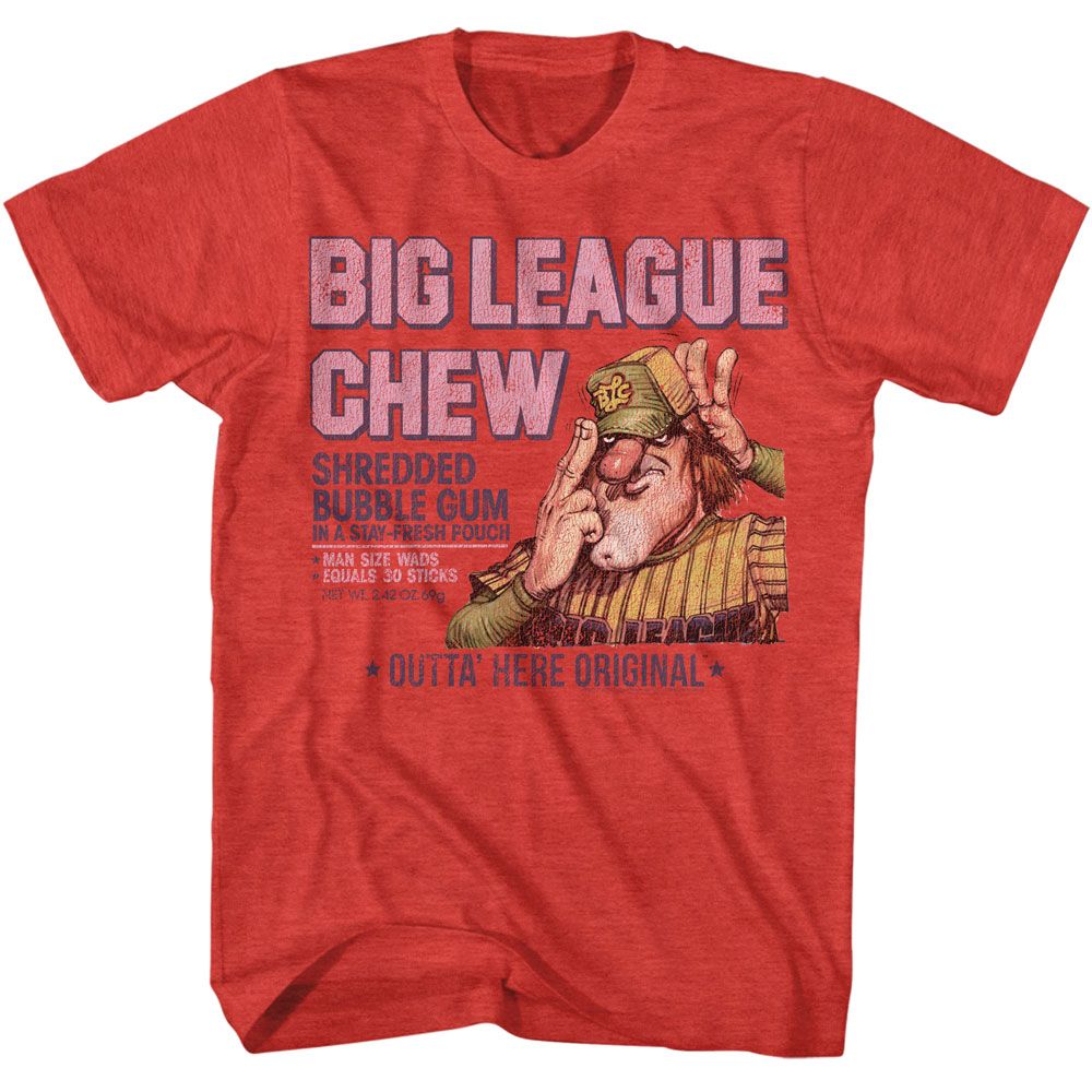 Big League Chew T-shirt featuring shredded bubble gum text and classic cartoon ballplayer