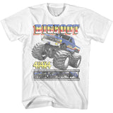White Bigfoot monster truck T-shirt featuring a blue Bigfoot 4x4 truck graphic, “BIGFOOT” text across the top, “4x4x4” lettering, and a filmstrip-style row of truck images along the bottom.