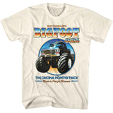 Cream Bigfoot 4x4x4 T-shirt featuring a front-facing Bigfoot monster truck inside a circular graphic with “Bob Chandler’s Bigfoot 4x4x4” text and “The Original Monster Truck” lettering below.