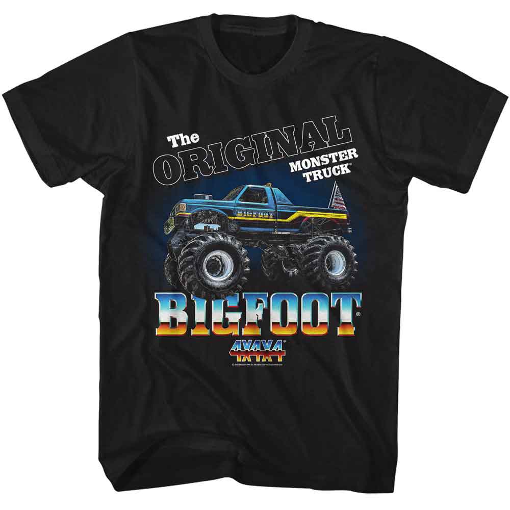 Black Bigfoot monster truck T-shirt featuring a blue Bigfoot 4x4 truck with “The Original Monster Truck” text and large Bigfoot logo in bold retro colors.