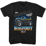 Black Bigfoot monster truck T-shirt featuring a blue Bigfoot 4x4 truck with “The Original Monster Truck” text and large Bigfoot logo in bold retro colors.