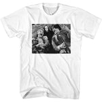 White T-shirt featuring a black and white photo of Bill and Ted laughing with the Grim Reaper from Bill & Ted’s Bogus Journey