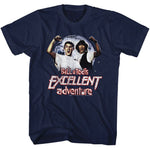 Navy blue T-shirt featuring Bill and Ted flexing in front of the moon with the Bill & Ted’s Excellent Adventure logo