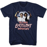Navy blue T-shirt featuring Bill and Ted flexing in front of the moon with the Bill & Ted’s Excellent Adventure logo