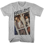 Gray T-shirt featuring Bill and Ted inside the phone booth with the word “Excellent” above them in bold lettering