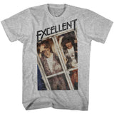 Gray T-shirt featuring Bill and Ted inside the phone booth with the word “Excellent” above them in bold lettering