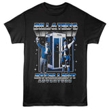 Black T-shirt featuring Bill and Ted standing beside their time-traveling phone booth with “Bill & Ted’s Excellent Adventure” text in blue and white