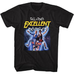 Black T-shirt featuring Bill and Ted sitting on their time-traveling phone booth against a starry space background with the Bill & Ted’s Excellent Adventure logo above