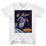 White T-shirt featuring Bill & Ted riding a phone booth in space with the Excellent Adventure logo