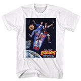 White T-shirt featuring Bill & Ted riding a phone booth in space with the Excellent Adventure logo