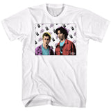 White T-shirt featuring a pop art style image of Bill and Ted with patterned background and Bill & Ted’s Excellent Adventure logo