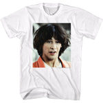 Portrait of Ted Logan from Bill and Ted’s Excellent Adventure printed on a white T-shirt