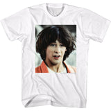 Portrait of Ted Logan from Bill and Ted’s Excellent Adventure printed on a white T-shirt